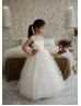 Ivory Shiny Lace Tulle Cute Flower Girl Dress With Detachable Train